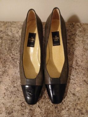 Fendi Brown Canvas Flats with Black Patent Cap Toe 9m.